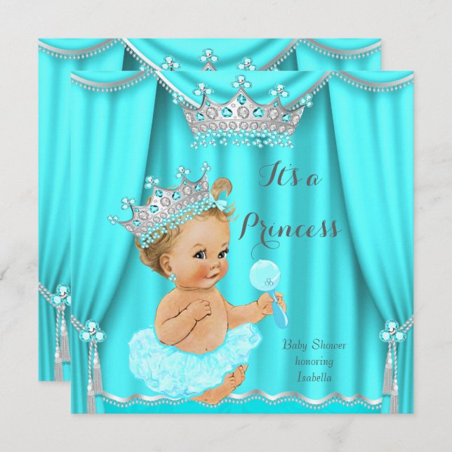 Invitation Aqua Turquoise Princess Baby shower Silver Blonde (Devant / Derrière)