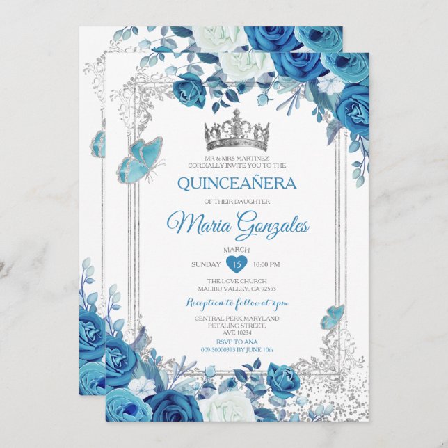 Invitation Aqua Turquoise Quinceañera Argent Couronne 15 Anos (Devant / Derrière)