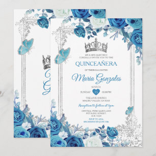 Invitation Aqua Turquoise Quinceañera Argent Couronne 15 Anos