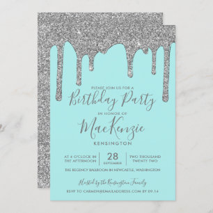 Invitation Aqua Turquoise Silver Éperche Parties scintillant