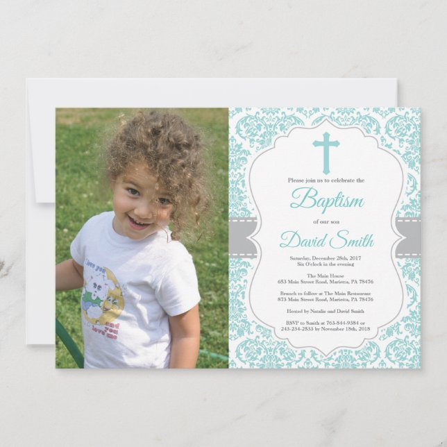 Invitation Aqua Turquoise Turquoise Damask Cross Baptême (Devant)