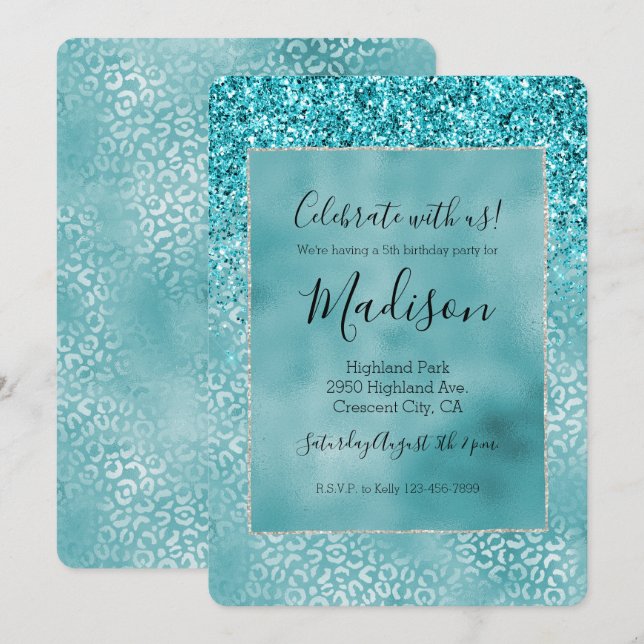 Invitation Aqua Turquoise Turquoise Glam Empreinte de léopard (Devant / Derrière)