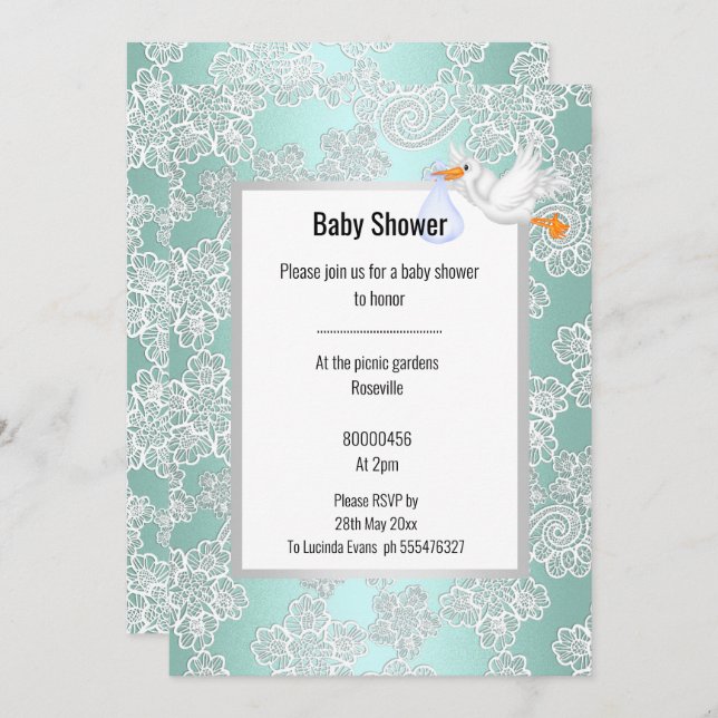 INVITATION AQUA VERT DÉTAIL DE LA DERNIÈRE BABY SHOWER EN STO (Devant / Derrière)