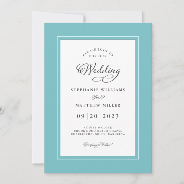 Invitation Aqua White Mariage Élégante Calligraphie Chic Fram (Devant)
