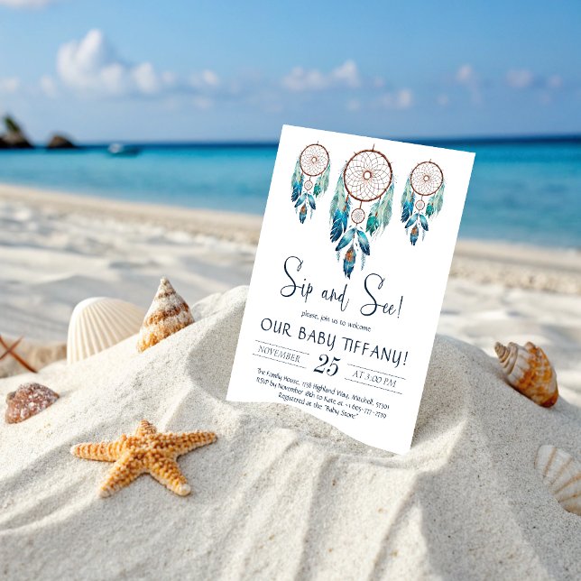 Invitation Aquamarine Aquarelle Dreamcatcher Sip and See (Aquamarine Watercolor Dreamcatcher Sip and See Invitation)