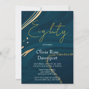 Invitation Aquamarine Gold Alcohol Ink 80e fête d'anniversair