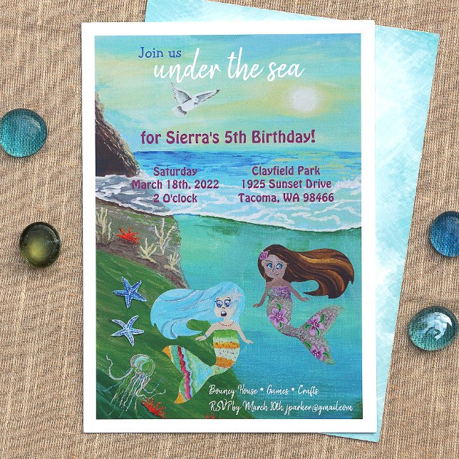 Invitation Aquamarine, Rose, Fête d'anniversaire de la Sirène (Girl's Happy Birthday, Mermaids, Undersea Adventure, Octopus Party Invitations)