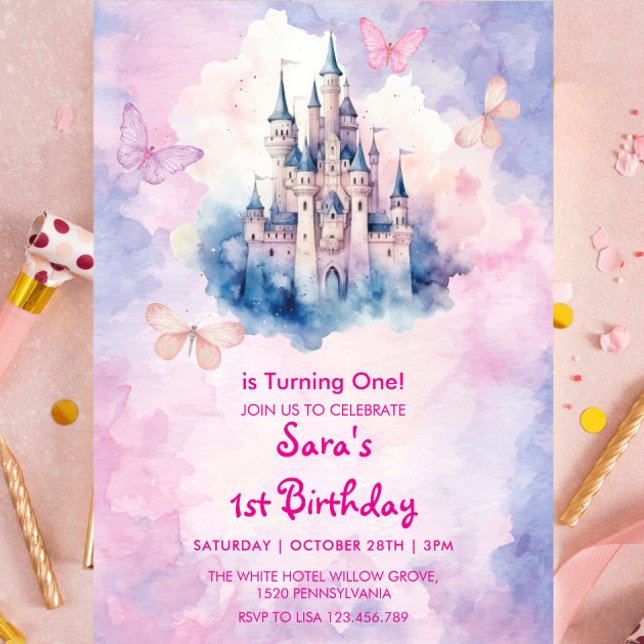 Invitation Aquarelle 1er Anniversaire Château & Papillon (Créateur téléchargé)