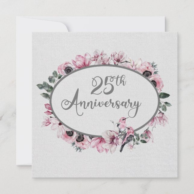 Invitation Aquarelle 25e anniversaire Fleurs roses et oiseaux (Devant)