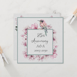 Invitation Aquarelle 25e anniversaire Fleurs roses et oiseaux