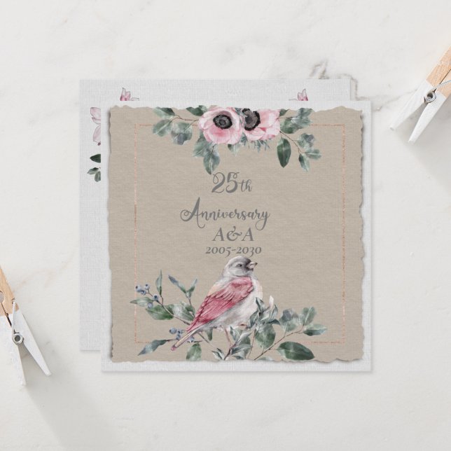 Invitation Aquarelle 25e anniversaire Fleurs roses et oiseaux (Devant/Arrière en situation)