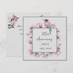 Invitation Aquarelle 25e anniversaire Fleurs roses et oiseaux