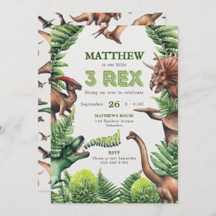 Invitation Aquarelle 3-Rex T-Rex & Dinosaures Anniversaire de