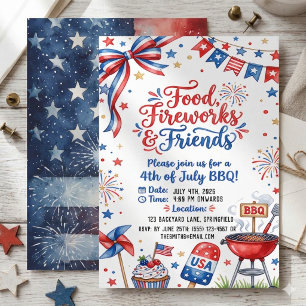 Invitation Aquarelle 4 juillet BBQ Nourriture Feux d'artifice