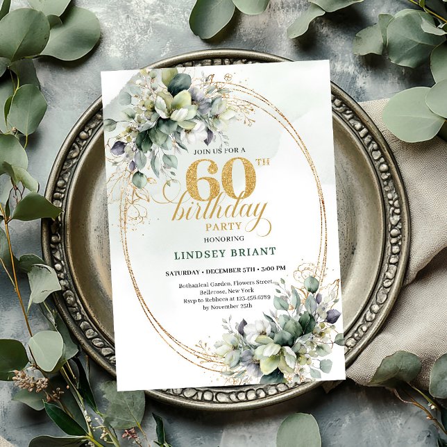 Invitation aquarelle 60e anniversaire de verdure o (Watercolor 60th Birthday Greenery Gold Invite

)