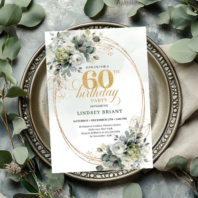 Invitation aquarelle 60e anniversaire vert poussié (Watercolor 60th Birthday Dusty Green Invite

)