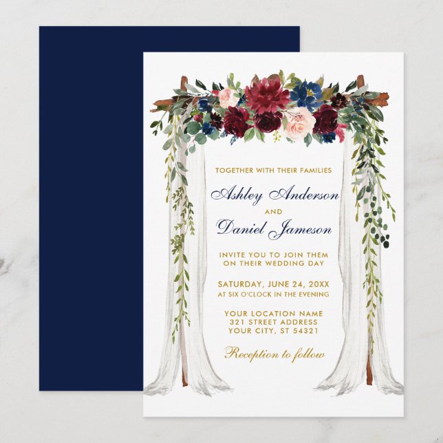 Invitation Aquarelle à canopée mariage Arc Floral Bleu Or (Devant / Derrière)