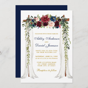 Invitation Aquarelle à canopée mariage Arc Floral Bleu Or