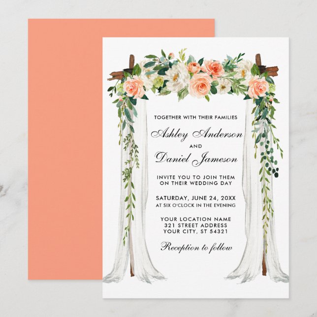 Invitation Aquarelle à canopée mariage Corail floral (Devant / Derrière)