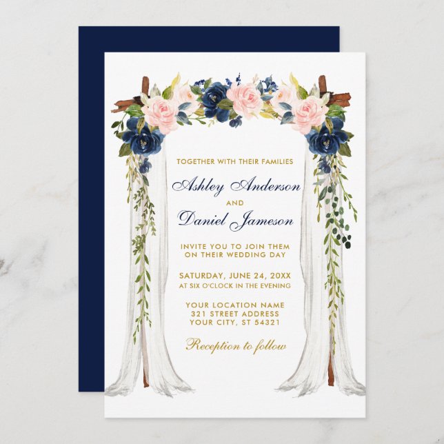Invitation Aquarelle à canopée mariage Floral rose Bleu Or (Devant / Derrière)