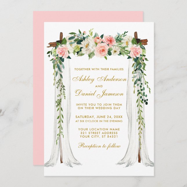 Invitation Aquarelle à canopée mariage Floral Rose Gold (Devant / Derrière)