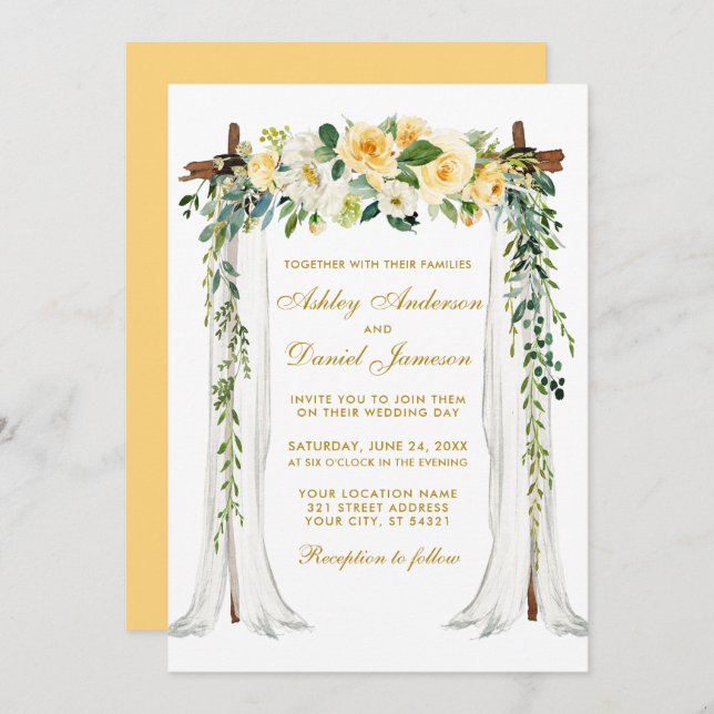 Invitation Aquarelle à canopée mariage Jaune Floral Or (Devant / Derrière)