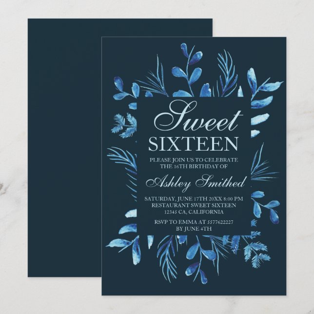 Invitation Aquarelle à feuilles bleues modernes Sweet 16 (Devant / Derrière)