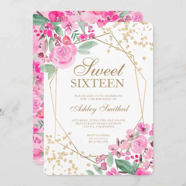 Invitation Aquarelle à fleurs rose parties scintillant or Swe (Devant / Derrière)