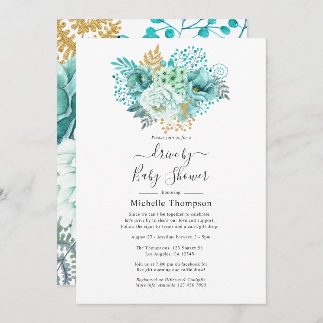 Invitation Aquarelle à la menthe et or Floral Drive par douch (Devant / Derrière)