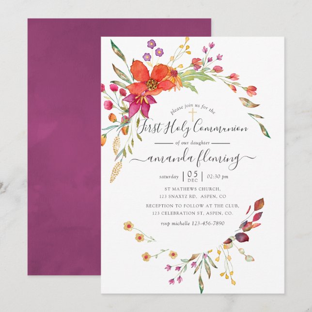 Invitation Aquarelle à l'aquarelle Fleur sauvage Sainte Commu (Devant / Derrière)