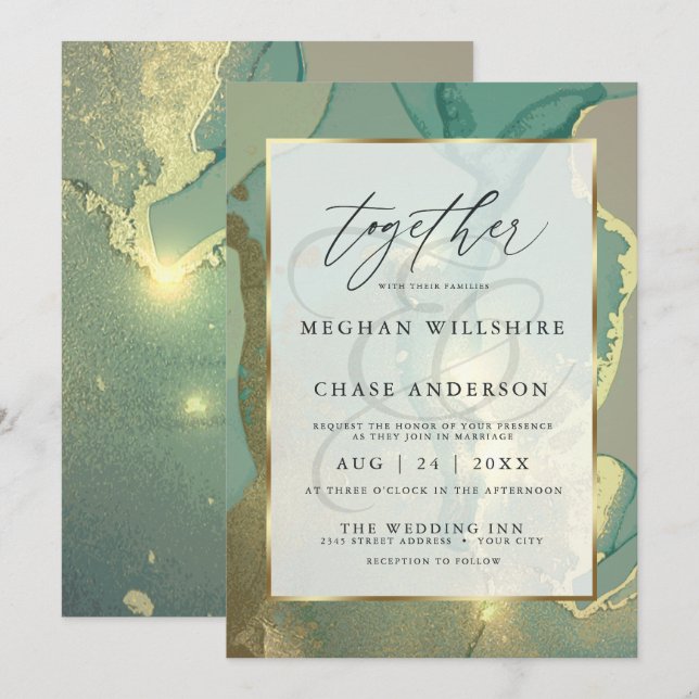 Invitation Aquarelle à l'encre alcoolique verte fumée et or (Devant / Derrière)