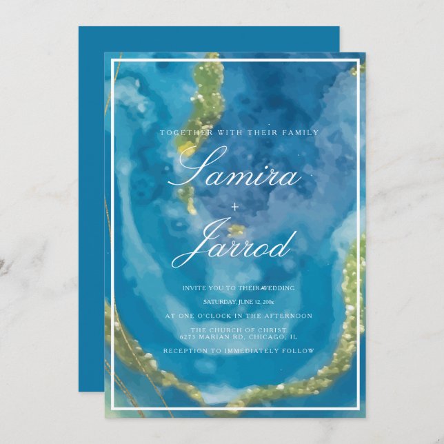 Invitation Aquarelle à main bleue Agate Mariage or Faux (Devant / Derrière)