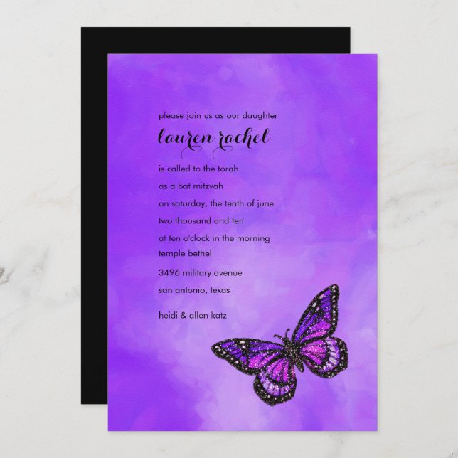 Invitation Aquarelle à papillon de Parties scintillant violet (Devant / Derrière)
