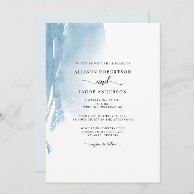 Invitation Aquarelle Abstrait Bleu Blanc Floral Mariage Chic (Devant / Derrière)