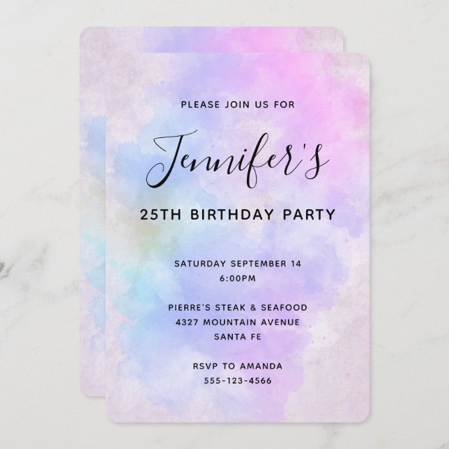Invitation Aquarelle Abstraite bleu violet élégant (Devant / Derrière)