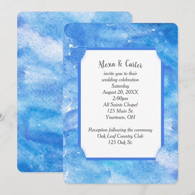Invitation Aquarelle Abstraite Bleue de Mariage (Devant / Derrière)