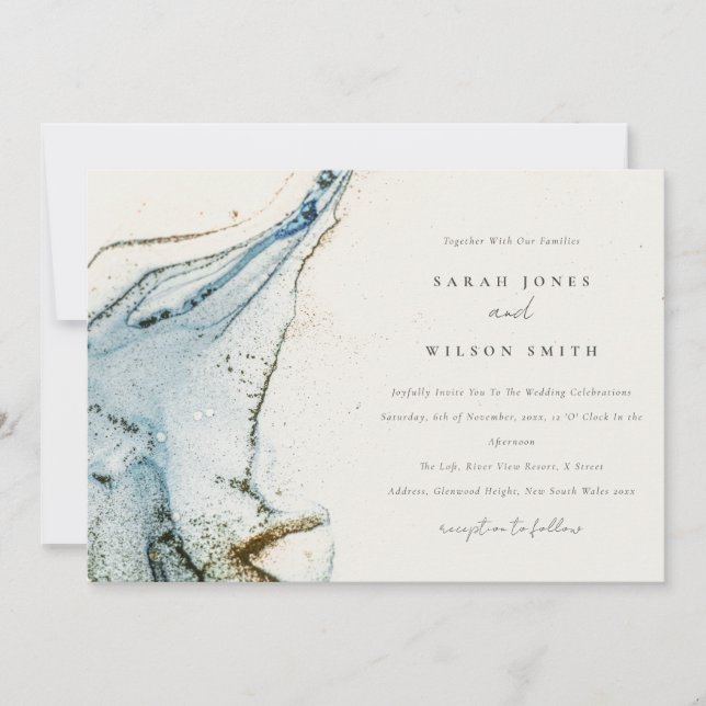 Invitation Aquarelle Abstraite Blue Gold Mariage de plage (Devant)