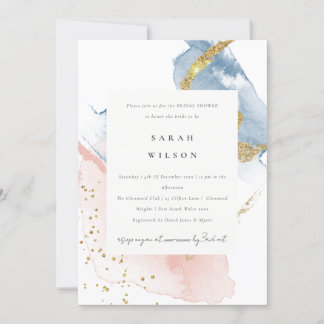 Invitation Aquarelle Abstraite Fête des mariées bleu rose or