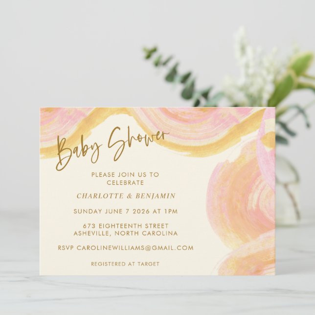 Invitation Aquarelle Abstraite Peinture Baby shower rose (Debout devant)