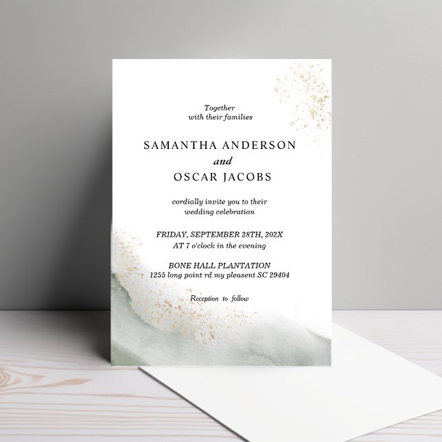 Invitation Aquarelle Abstraite Pinceau vert et or (Créateur téléchargé)