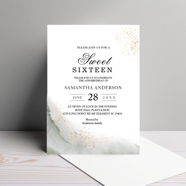 Invitation Aquarelle Abstraite Traits de Pinceau Verts & Or  (Créateur téléchargé)