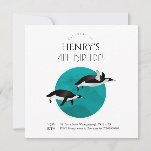 Invitation Aquarelle adorable Penguin Arctique Anniversaire (Devant)