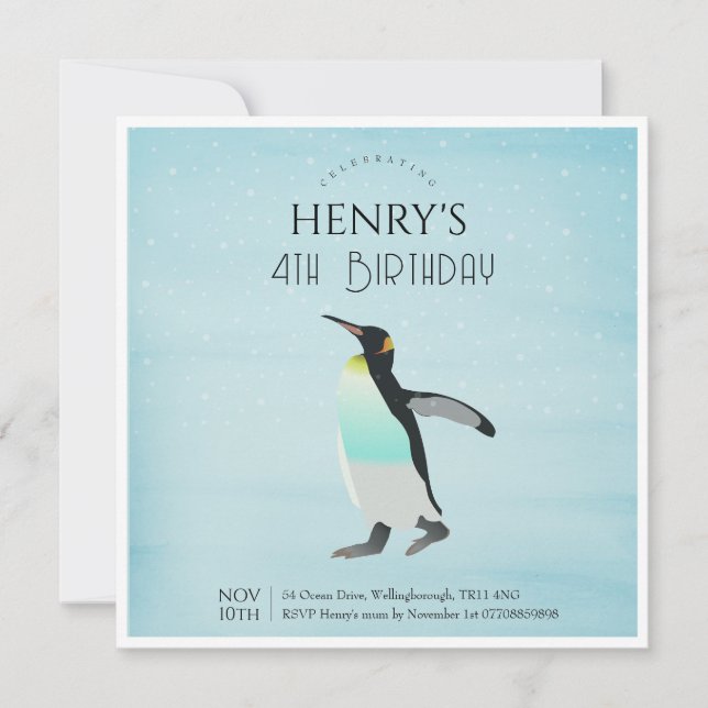 Invitation Aquarelle adorable Penguin Arctique Anniversaire (Devant)