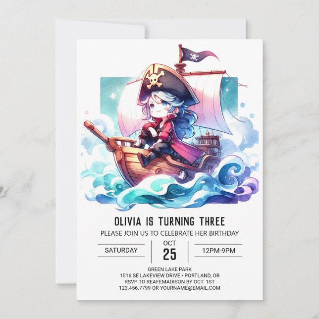 Invitation Aquarelle Adorable Pirate Anniversaire (Devant)