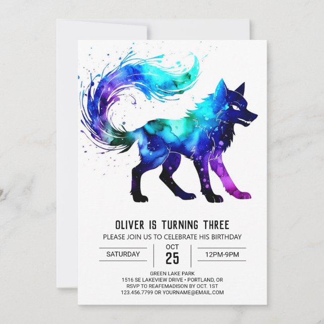 Invitation Aquarelle Adorable Wolf Digital Boy Anniversaire (Devant)
