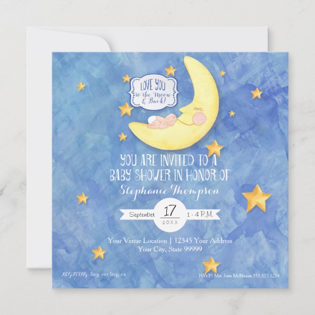 Invitation Aquarelle Aimez-vous à la Lune dans le Baby shower (Devant)