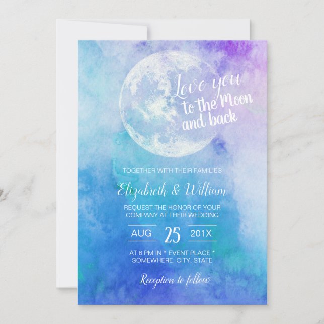 Invitation Aquarelle Aimez-vous à la Lune et Mariage arrière (Devant)