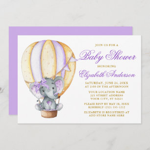 Invitation Aquarelle Air Balloon Elephant Purple Baby shower