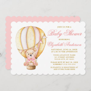 Invitation Aquarelle Air Balloon Teddy Bear Baby shower rose