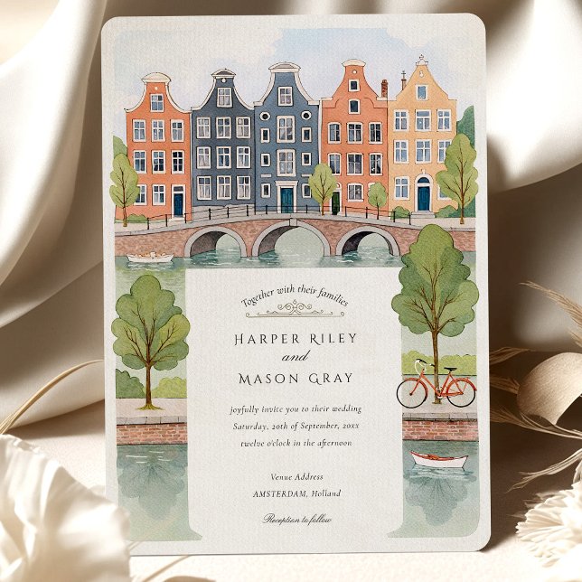 Invitation Aquarelle Amsterdam Canal Maisons & Tulips Mariage (Créateur téléchargé)